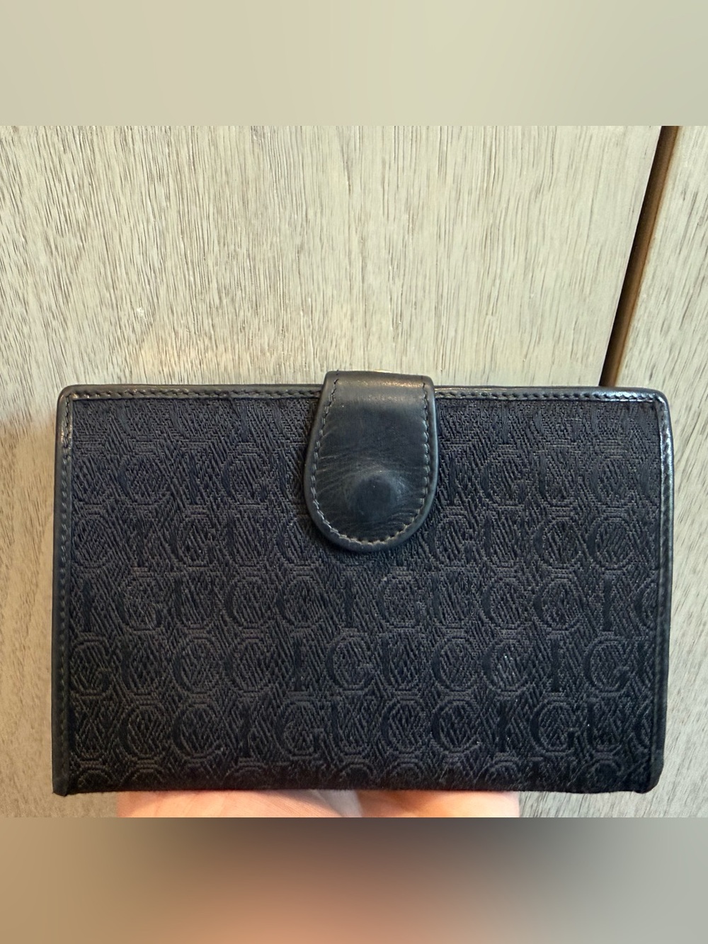 Vintage Gucci Trifold Wallet Black Monogram Canvas And Leather Interior